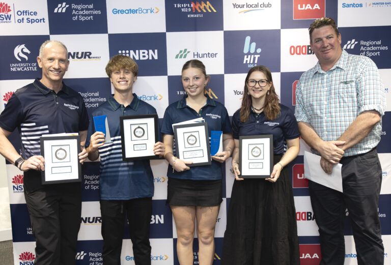 Image L-R Darren Bird (Coach of the Year), Harper Nelmes (Athlete of the Year), Addyson Kirby (Indigenous Athlete of the Year), Molly Smith (Para-Athlete of the Year), Brett O'Farrell (CEO)